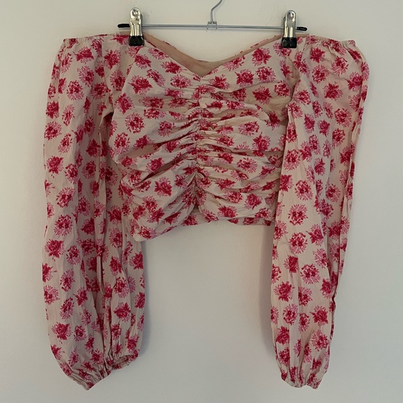 Zara Pink Floral off the shoulder long puff sleeve top, Size Small - Picture 2 of 7
